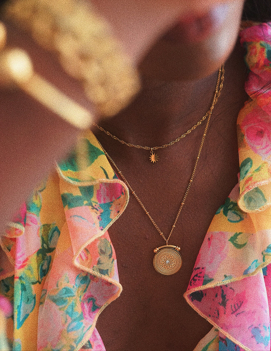 18K gold dainty layered necklace with small star & larger medallion pendant - Hypoallergenic & Non-Tarnish 18K Gold Jewelry